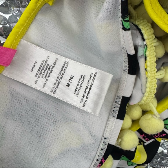 Betsy Johnson bikini top ruffle frilly Pom Pom trim Lemons π striped pink cute - Picture 10 of 12